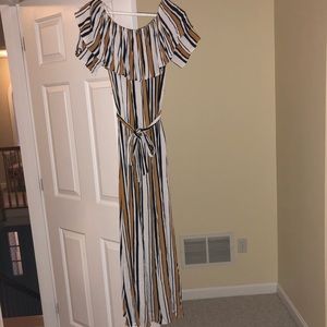 Gold navy and white striped off the shoulder maxi